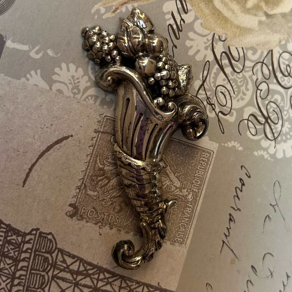 LANG STERLING SILVER CORNUCOPIA PIN vintage antique